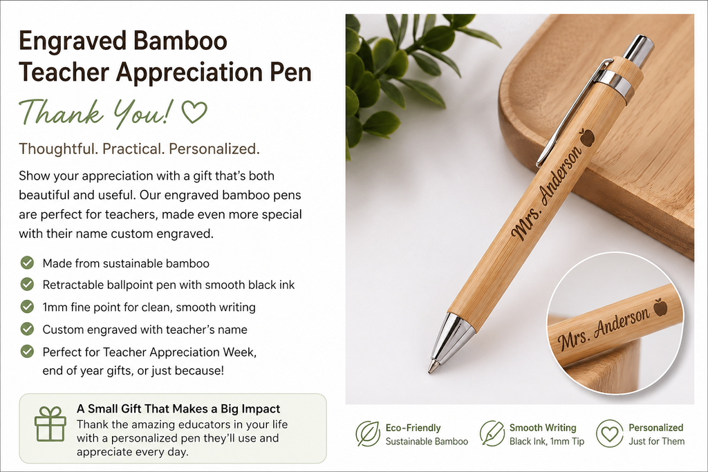 Personalized Engraved Bamboo Teacher Appreciation Pen – Custom Name Wooden Ballpoint Pen Gift for Teacher, Coworker, Student | Mad Jan’s