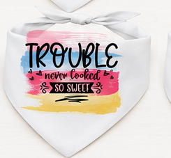 Heart-shaped sign with 'Trouble never cooked so sweet' text on a white background