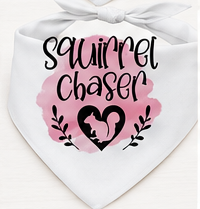 White bandana with 'Squirrel Chaser' text and heart design on a pink background