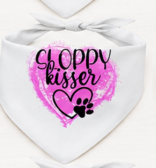 White bandana with 'Sloppy Kisser' text and heart design on a pink background