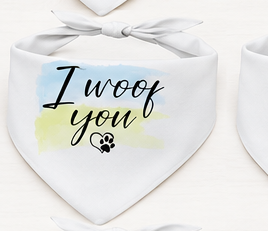 White bandana with 'I woof you' text and paw print on a white background