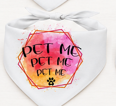 White bandana with 'Pet Me' text and paw print design on a colorful hexagonal background.