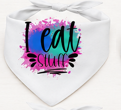 White bandana with colorful text 'I eat stuff' on a white background