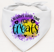 White bandana with colorful text and heart designs on a white background
