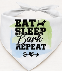 Dog bandana with 'Eat Sleep Bark Repeat' text and dog icon on a white background
