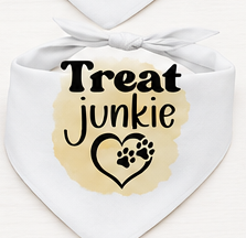 Dog bandana with 'Treat Junkie' text and paw print design on a white background