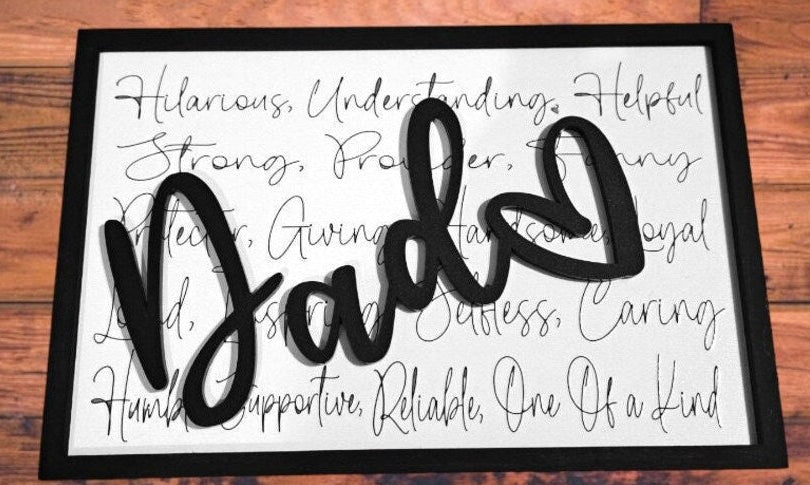 Dad Word Art Wood Sign – Meaningful Father’s Day Gift – Rustic Laser Engraved Dad Wall Décor – Mad Jan’s  Product Description: