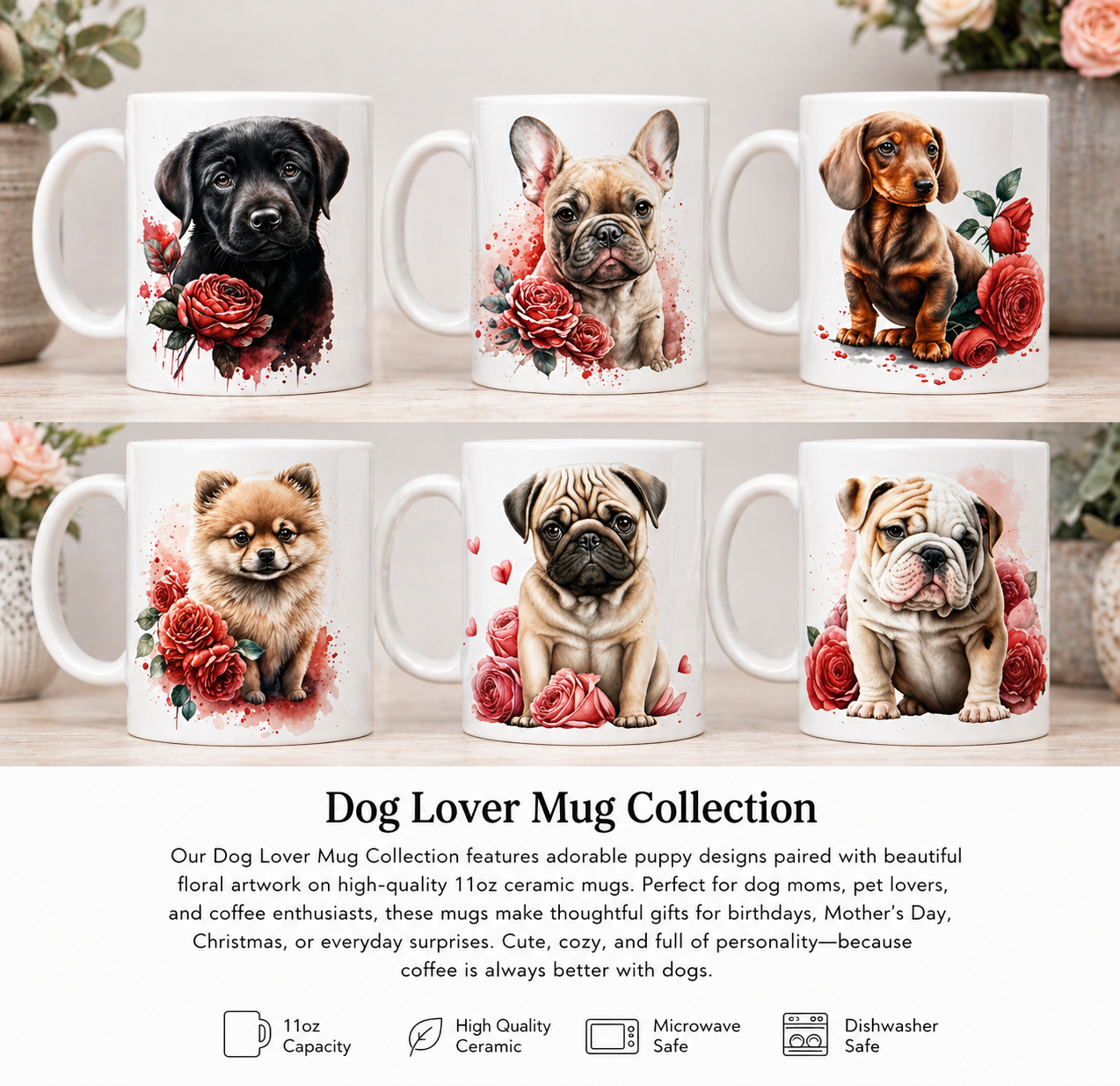 Cute Dog Coffee Mug 11oz – Puppy & Floral Rose Design Gift for Dog Lovers
