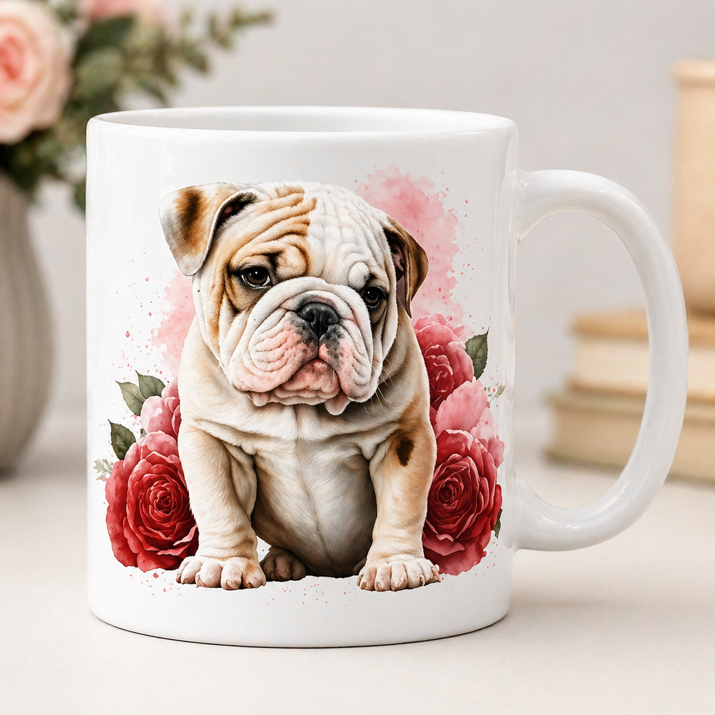 Cute Dog Coffee Mug 11oz – Puppy & Floral Rose Design Gift for Dog Lovers