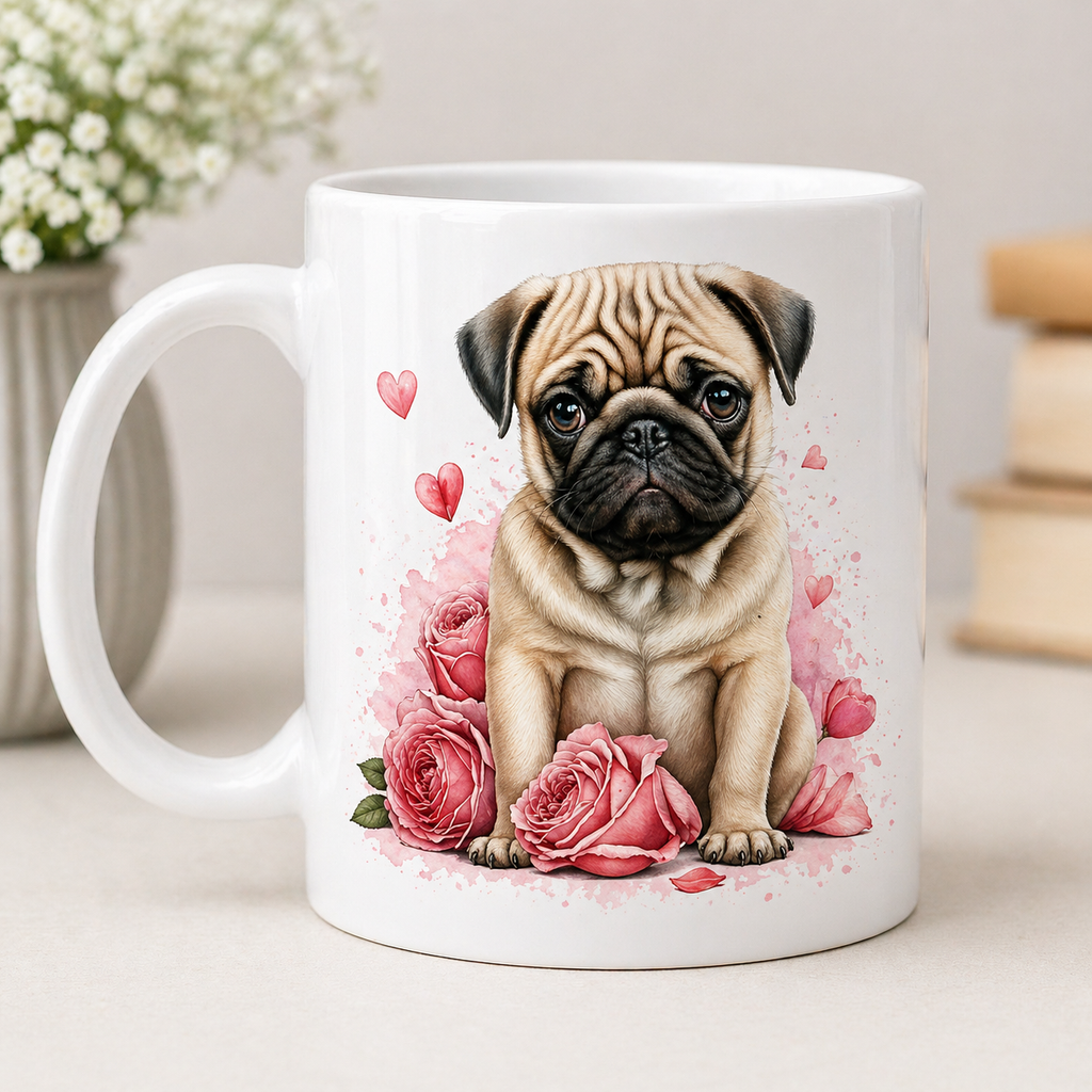 Cute Dog Coffee Mug 11oz – Puppy & Floral Rose Design Gift for Dog Lovers
