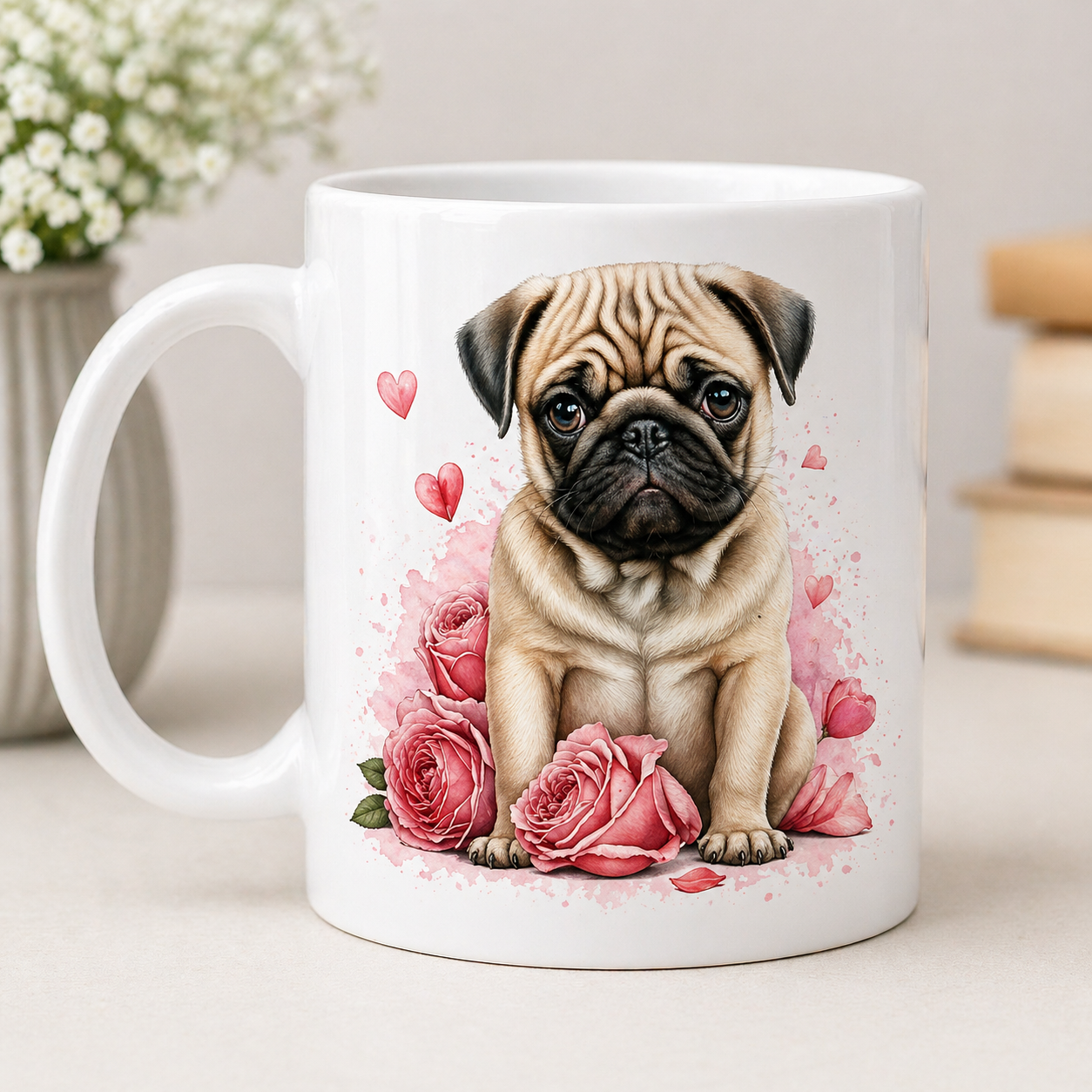 Cute Dog Coffee Mug 11oz – Puppy & Floral Rose Design Gift for Dog Lovers