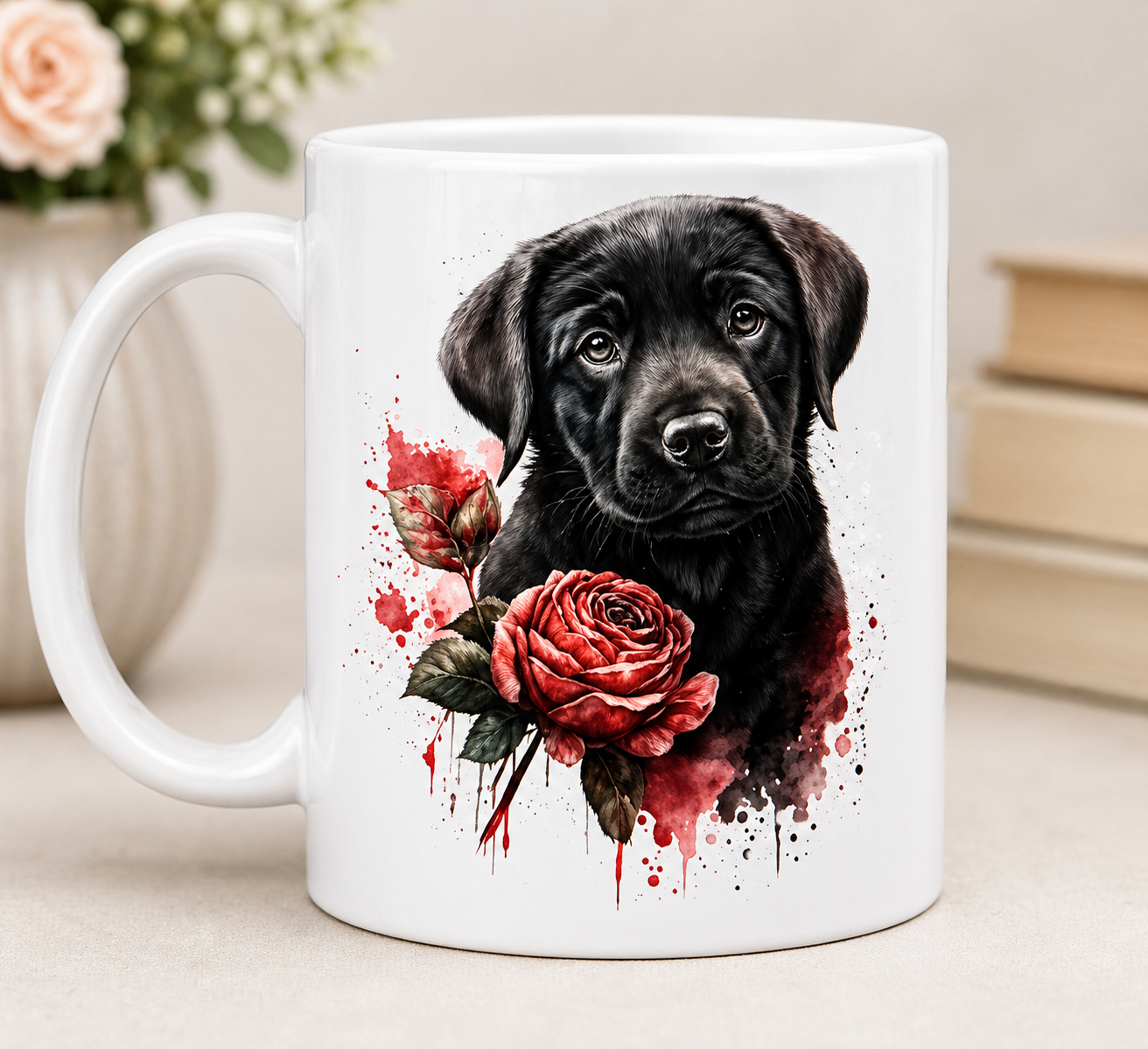 Cute Dog Coffee Mug 11oz – Puppy & Floral Rose Design Gift for Dog Lovers