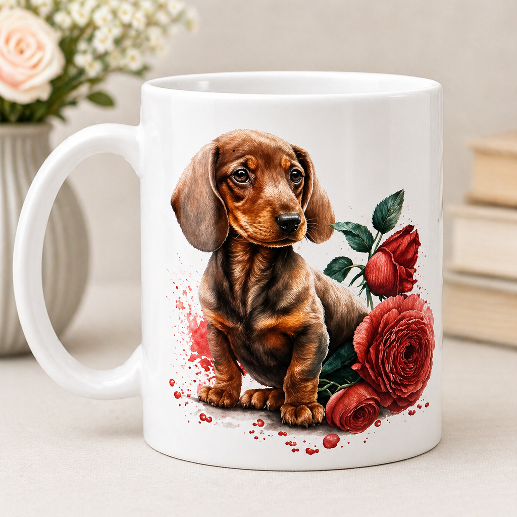 Cute Dog Coffee Mug 11oz – Puppy & Floral Rose Design Gift for Dog Lovers