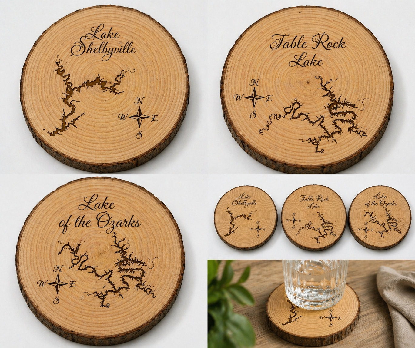 Personalized Lake Coasters Set of 4 – Custom Lake Name Engraved Wood or Bamboo Coasters – Lake House Gift – Cabin Decor – Mad Jan’s