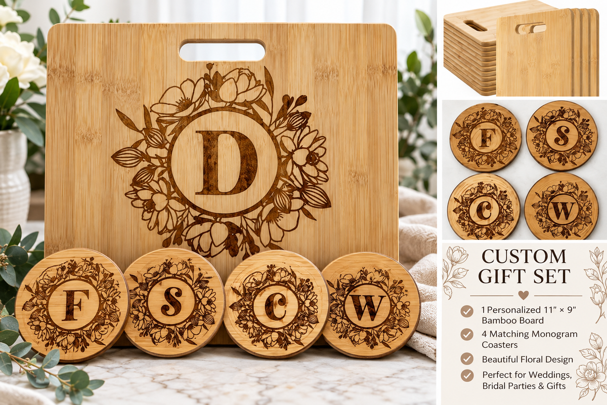 The Mad COMBO Gift Set | Personalized 11x9 Decor Board & Monogram Coasters Set | Floral Wreath Custom Wedding Gift | Mad Jan’s