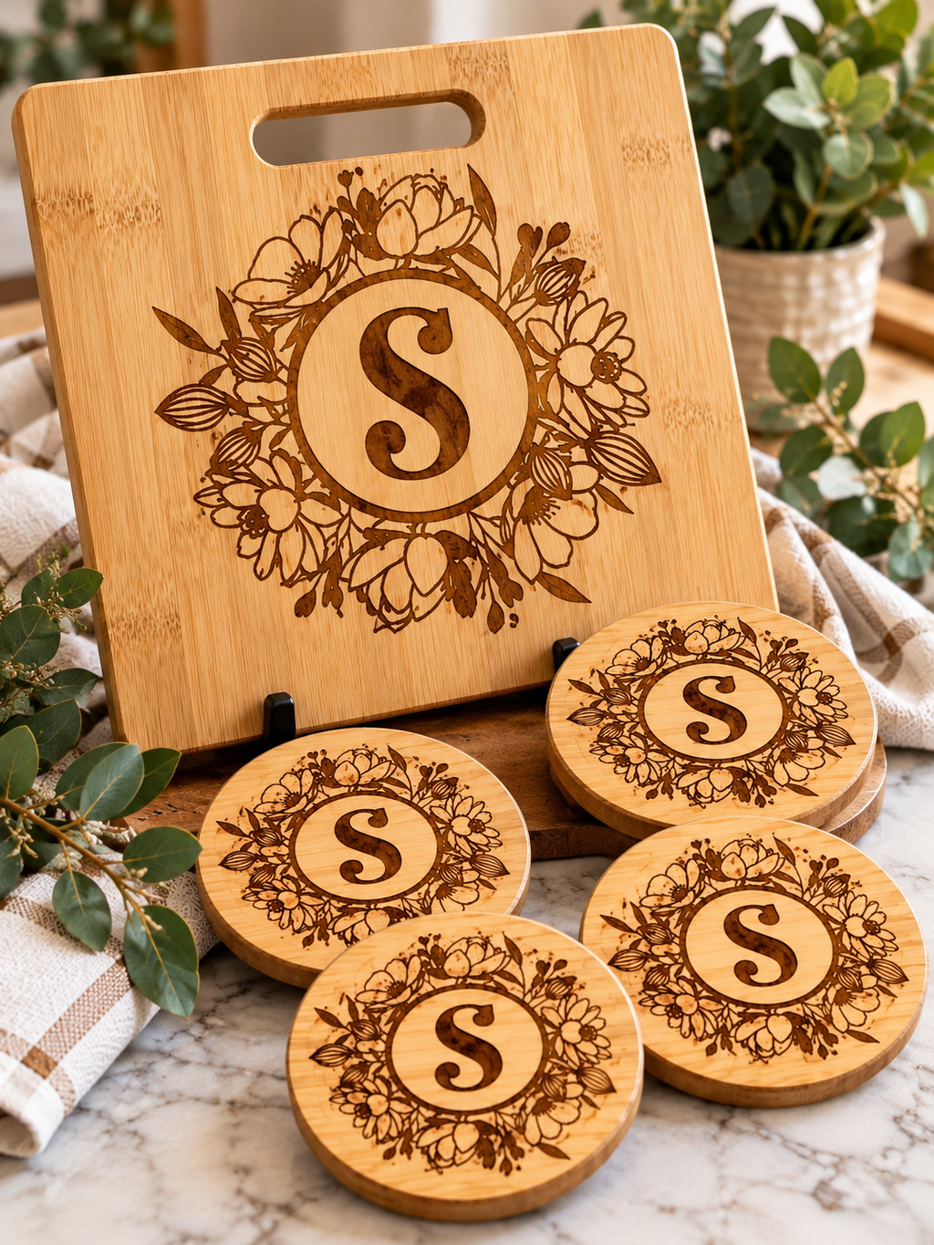 The Mad COMBO Gift Set | Personalized 11x9 Decor Board & Monogram Coasters Set | Floral Wreath Custom Wedding Gift | Mad Jan’s