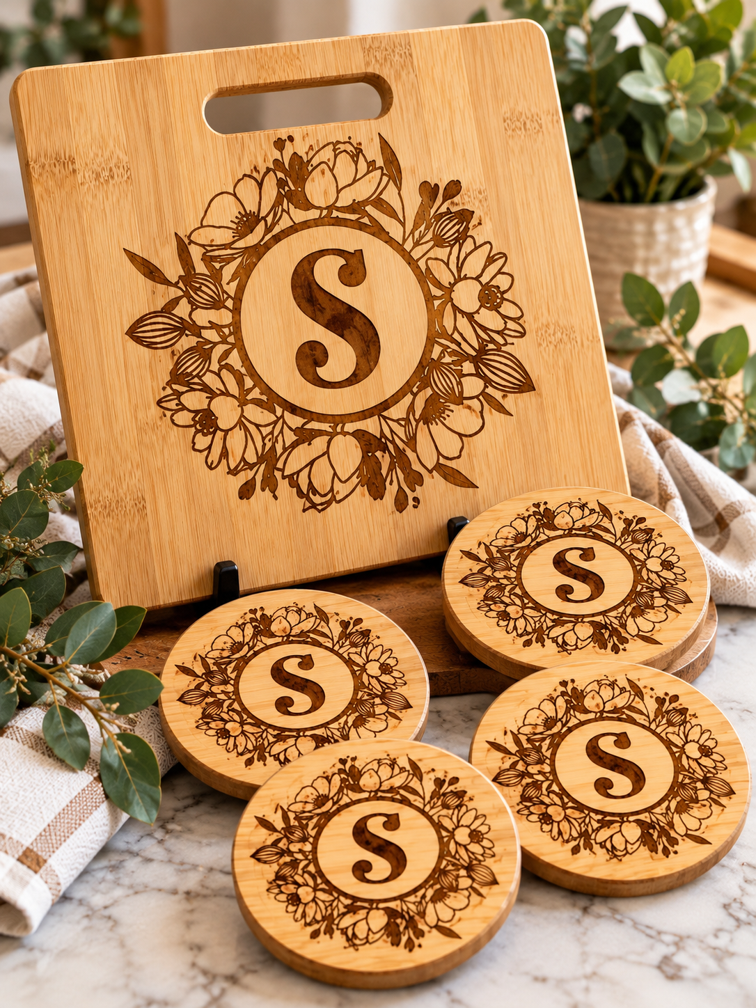 The Mad COMBO Gift Set | Personalized 11x9 Decor Board & Monogram Coasters Set | Floral Wreath Custom Wedding Gift | Mad Jan’s