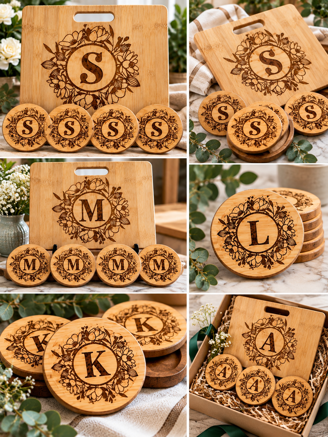 The Mad COMBO Gift Set | Personalized 11x9 Decor Board & Monogram Coasters Set | Floral Wreath Custom Wedding Gift | Mad Jan’s