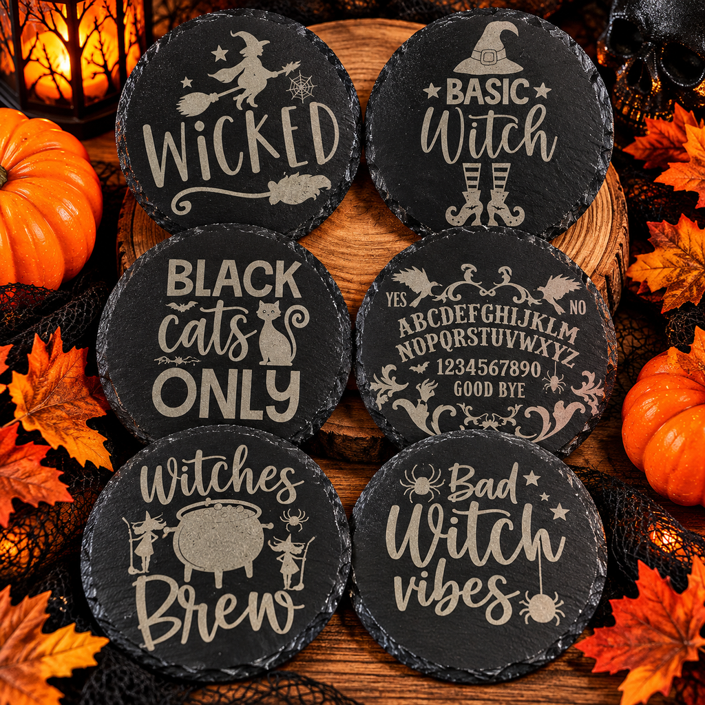 Halloween Engraved Slate Coasters – 3.5” x 4” | Limited Edition | Mad Jan’s Menagerie