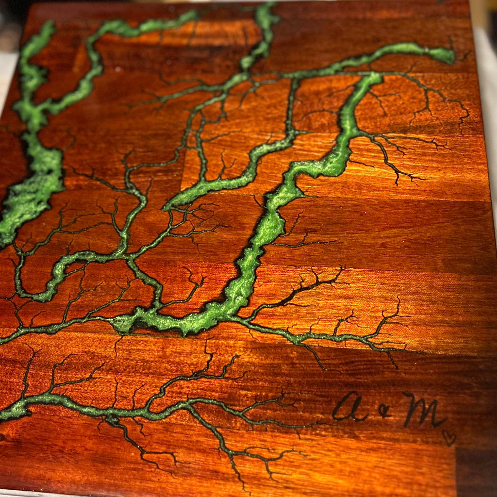 Wooden Charcuterie Board Fractal Burned, Laser Engraved and food grade epoxy sealed
