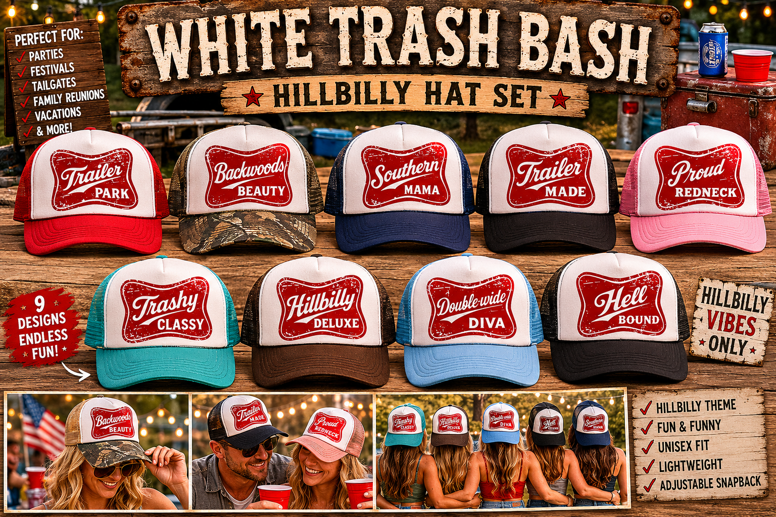 White Trash Bash Matching Party Hats | Hillbilly Theme Collection