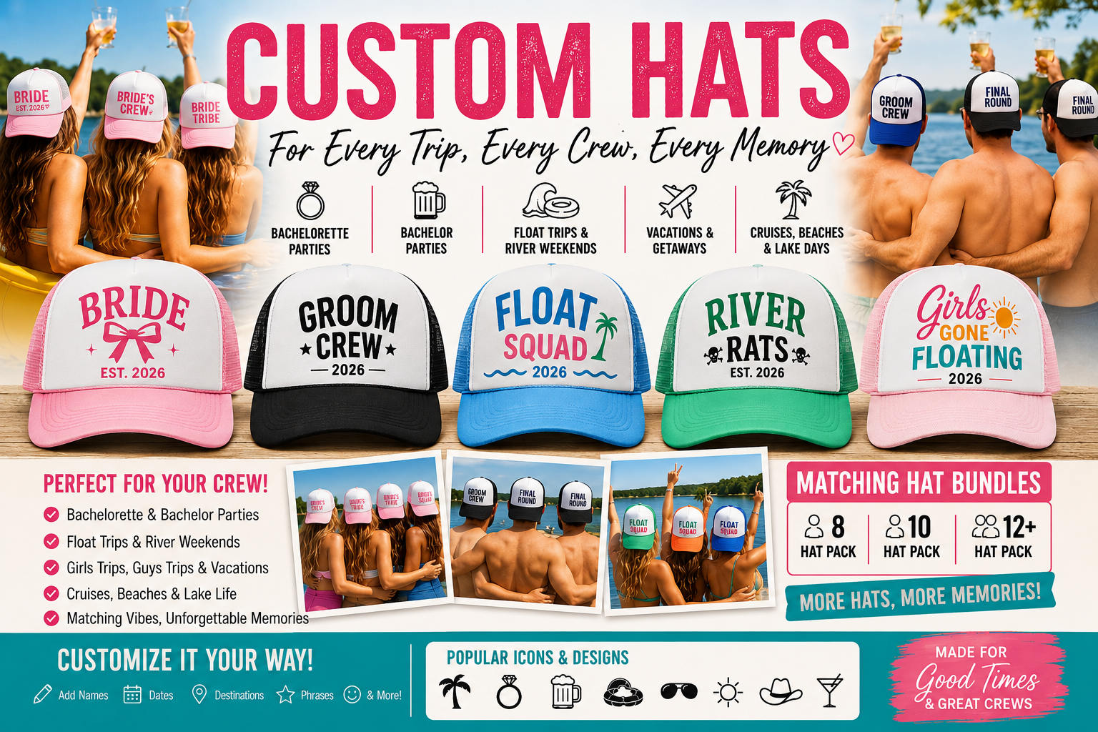 Custom Trucker Hats for Bachelorette Parties, Float Trips & Vacations