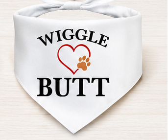 Collection of custom print dog bandanas with various designs and text, displayed on a white background.