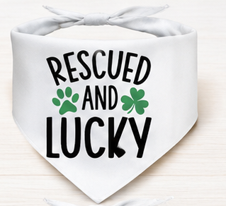Collection of custom print dog bandanas with various designs and text, displayed on a white background.