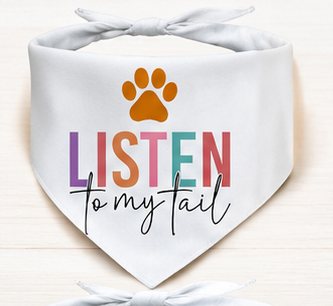 Collection of custom print dog bandanas with various designs and text, displayed on a white background.