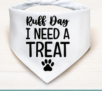 Collection of custom print dog bandanas with various designs and text, displayed on a white background.