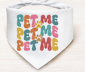 Collection of custom print dog bandanas with various design PET ME PET ME PET ME displayed on a white background. 